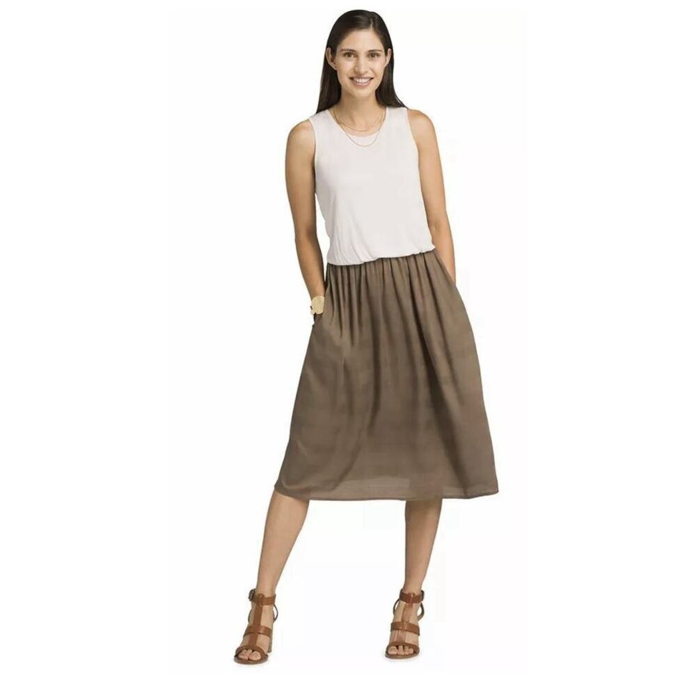 prAna Perry Midi Dress Size XS “Mud' Brown &‎ Ivory Sleeveless Pockets